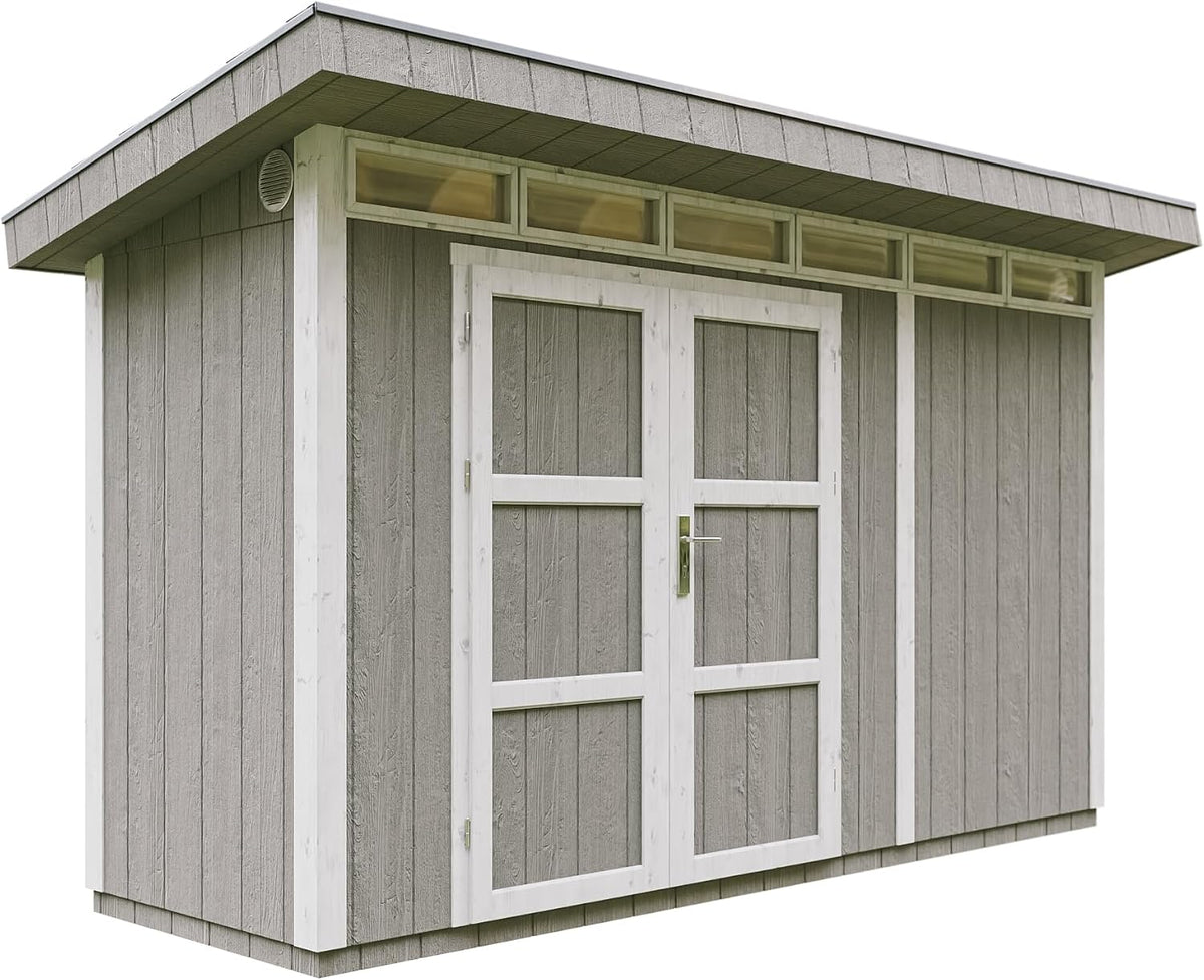 TIMBELA Gartenhaus, Premium Qualität 4, 3m² - L161xW411cm- All-Inclusive-Set mit Boden, Bitumen-Dachziegeln