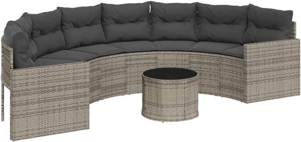 Sofa Garten, mit Tisch und Kissen Halbrund Grau Poly Rattan, vidaXL