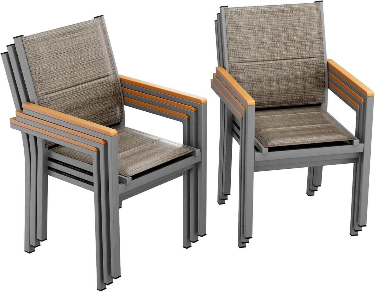 Esszimmerstuhl 6er Gartenstuhl Set Alu mit Gesteppte Rückenlehne & Sitzfläche Stapelbarer, WPC Handlauf, Balkonstühle, für Terrasse, Pool, Restaurants