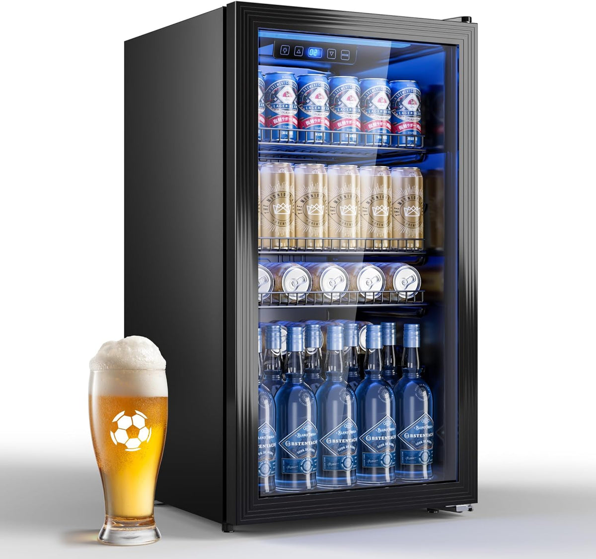 Getränkekühlschrank 90L Mini-Kühlschrank mit Glasfront (Glastür) Kompakter, für bis zu 128 Dosen, mit verstellbaren Regalen für Bier, Wein, Soda