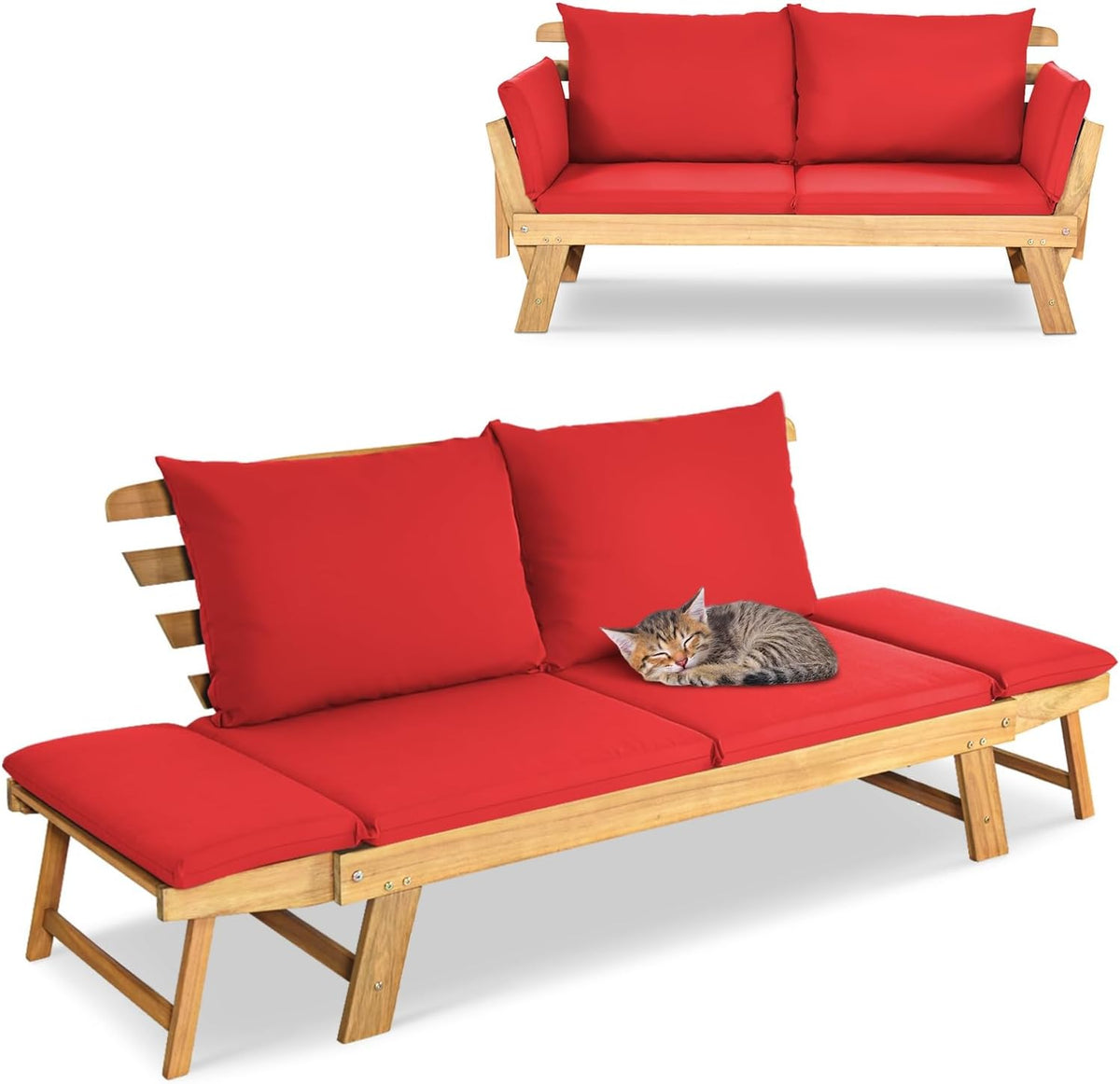 Sitzbank Gartenbank mit Liegefunktion Gartensofa mit klappbaren Seitenlehnen Balkonbank mit Auflagen, Outdoor aus Akazienholz, Loungesofa 3-Sitzer