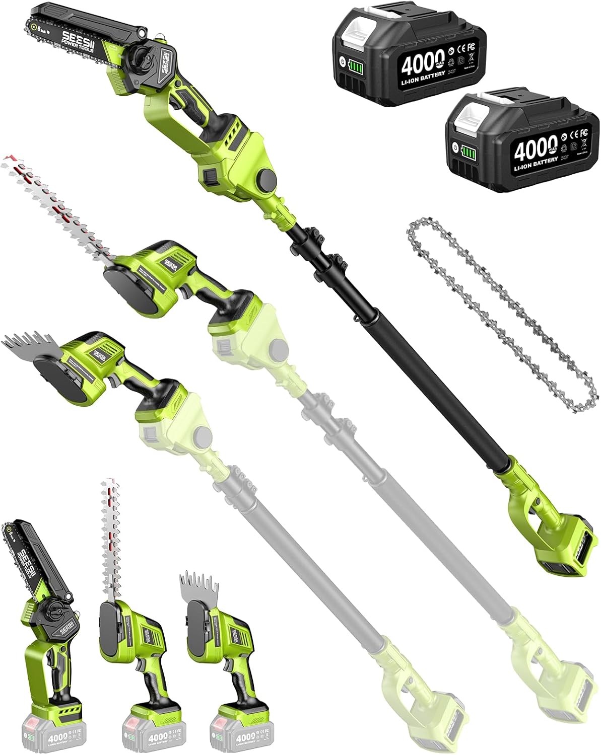 Supstable Akku-Mini-Kettensäge, Mini Kettensäge & Akku Heckenschere Teleskop Combo, 6-in-1 Akku Hochentaster mit 8000mAh Batterie, Reichweite bis 4.8m