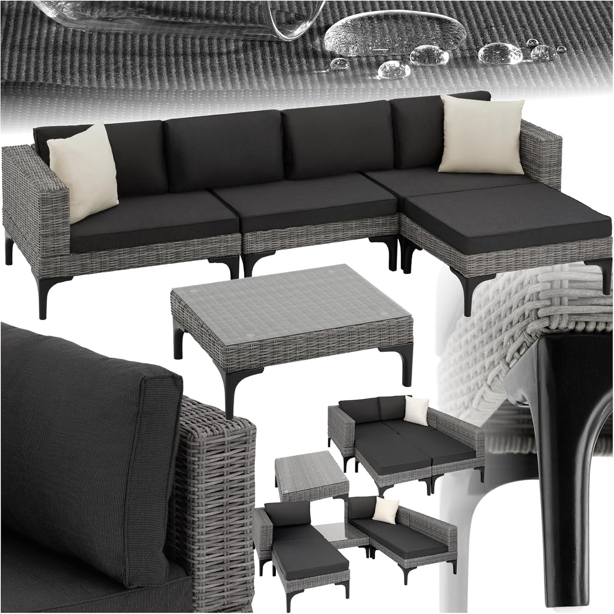 Sofa ® Aluminium Poly Rattan Lounge Gartenmöbel, Set mit Ecksessel, Hocker und Tisch, Outdoor Gartenlounge mit Polstern und 2 Zierkissen, für Garten