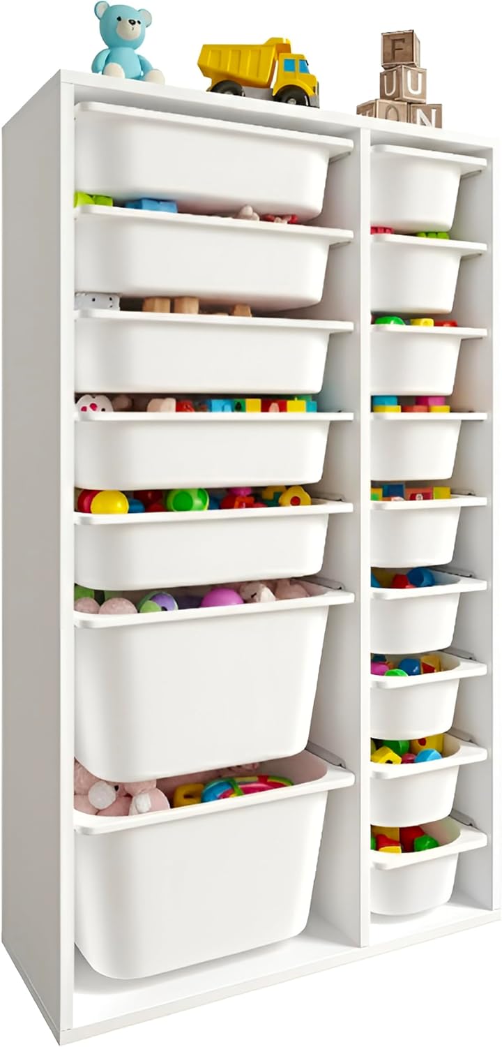 Regale & Ablagen, Spielzeugaufbewahrung mit 16 Boxen, Kinderregal mit Spielzeugkisten für Kinderzimmer, Spielzeugschrank & Organizer, Weiß (16 Boxen