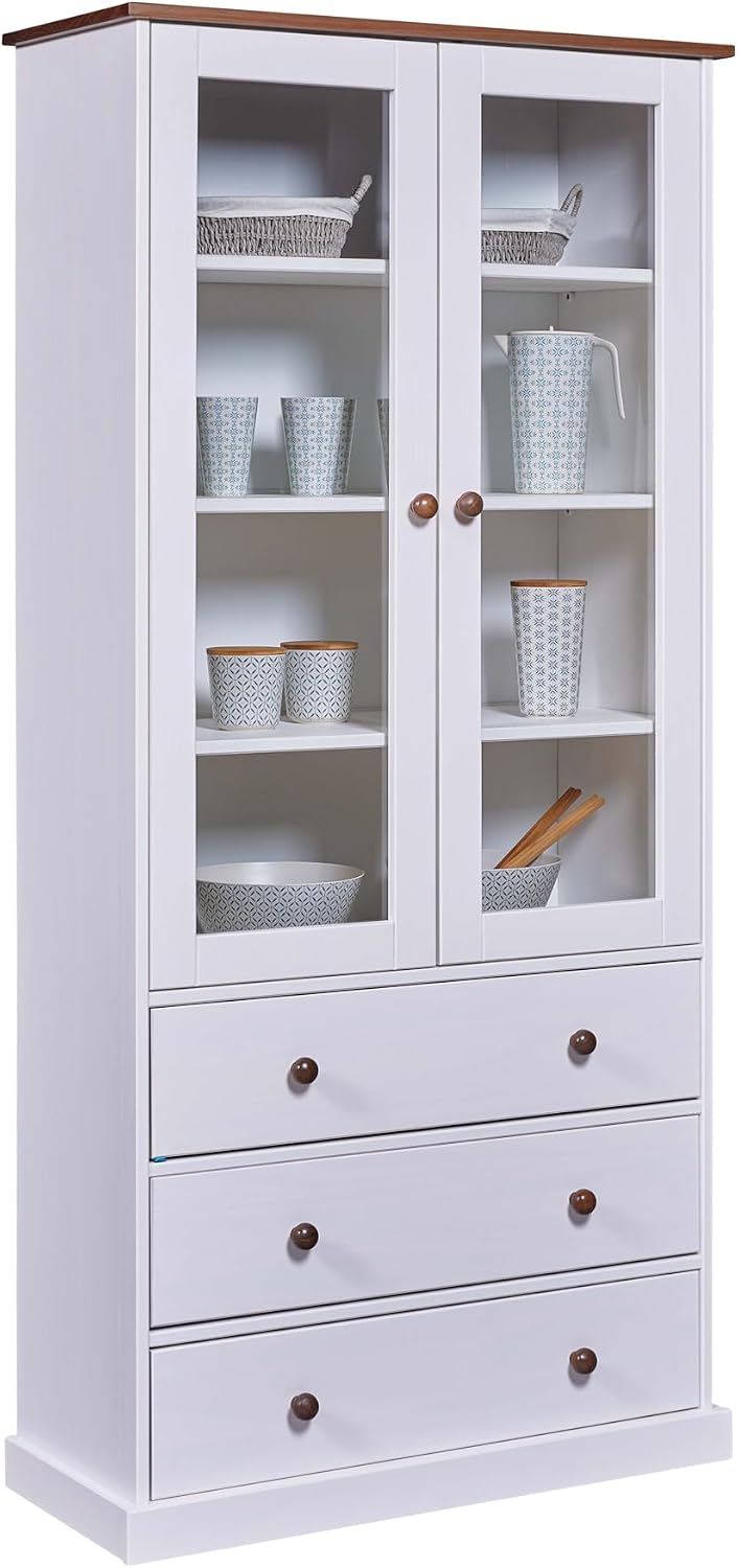 Sideboard, Vitrinenschrank, Buffet-Schrank - Geschirrschrank - Esszimmerschrank - Landhausstil, Vitrine - Kiefer - Massivholz FSC, 2 Türen