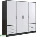 Kleiderschrank 200 210 Jupiter Schrank, Drehtürenschrank, 4-türig, mit 6 Schubladen und Einlegeböden, Schwarz Weiß