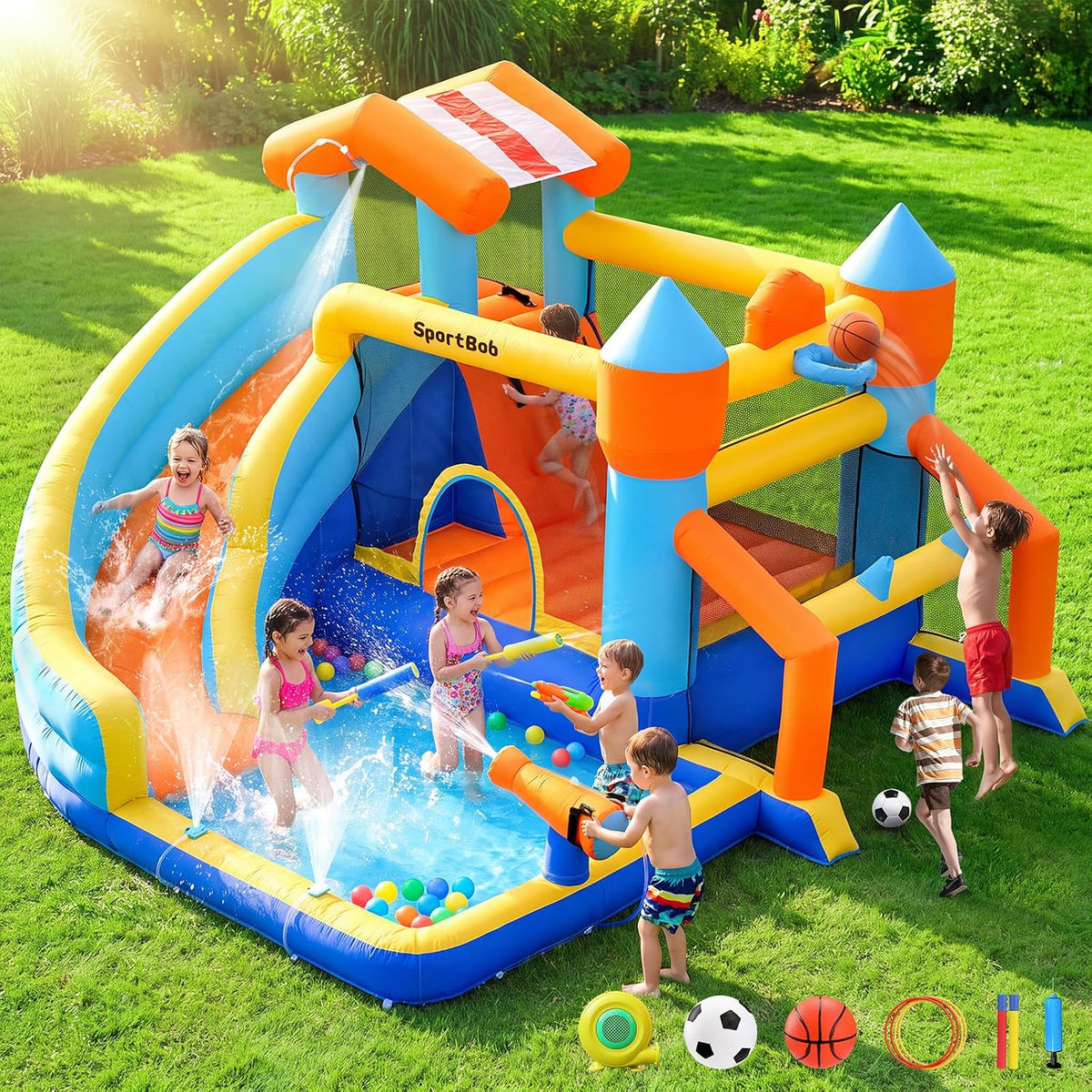 SportBob Hüpfburg, Kinder mit Wasserrutsche und Gebläse, Wasserbüchse und Basketballkorb, Wasserpark für den Kinder Garten Geburtstag Party