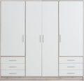 Kleiderschrank 200 210 Jupiter Schrank, Drehtürenschrank, 4-türig, mit 6 Schubladen und Einlegeböden, Weiß mit Holz Dekor: Sandeiche