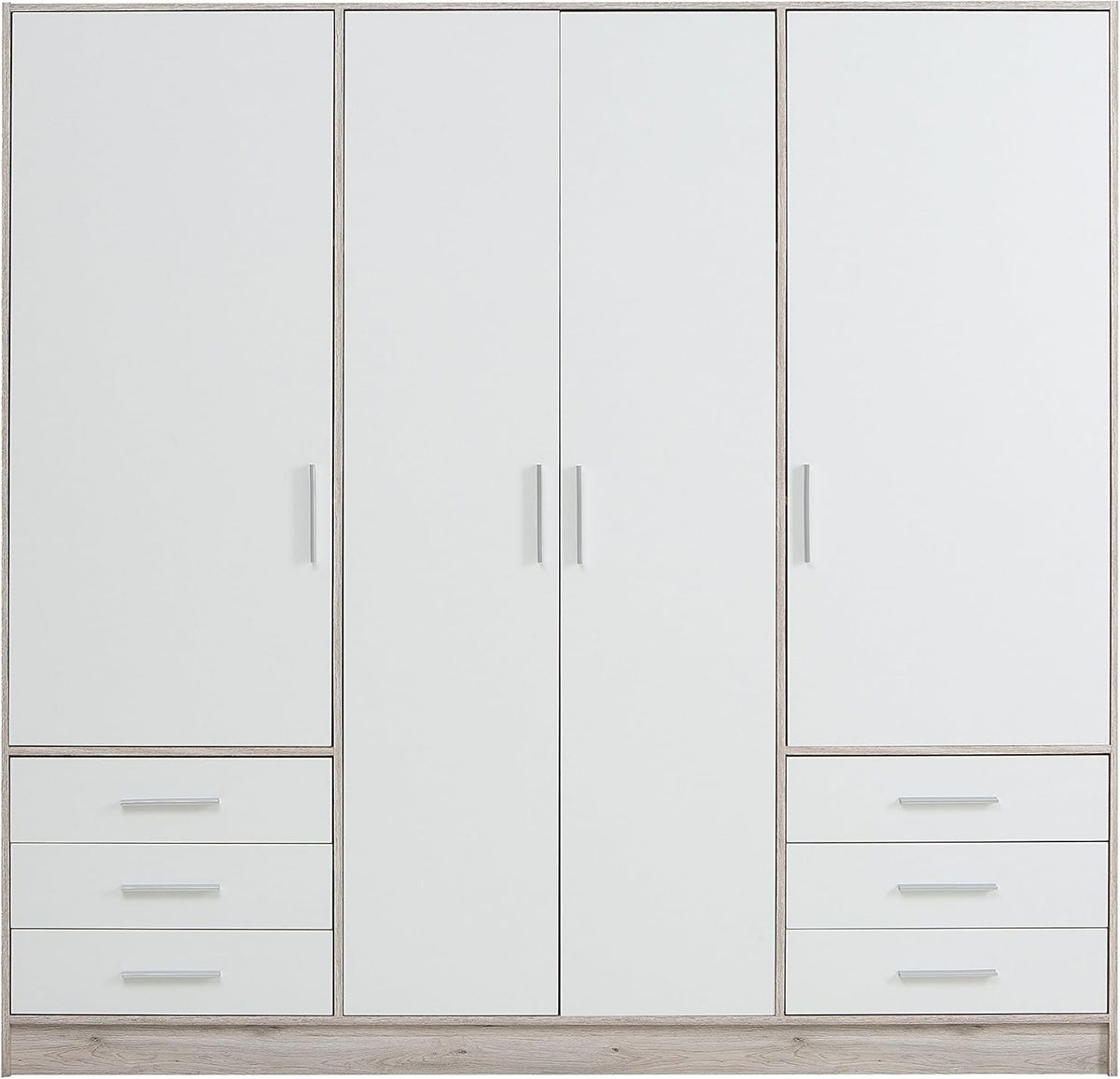 Kleiderschrank 200 210 Jupiter Schrank, Drehtürenschrank, 4-türig, mit 6 Schubladen und Einlegeböden, Weiß mit Holz Dekor: Sandeiche