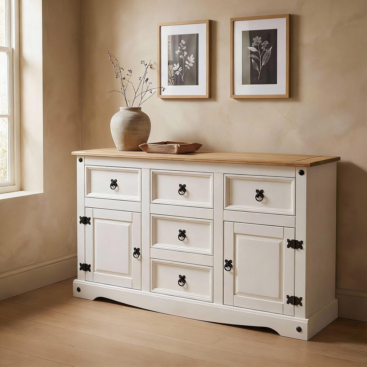 Sideboard, Campo, Kommode Kiefer massiv, weiß lasiert, 5 Schubladen und 2 Türen, CARO-Möbel