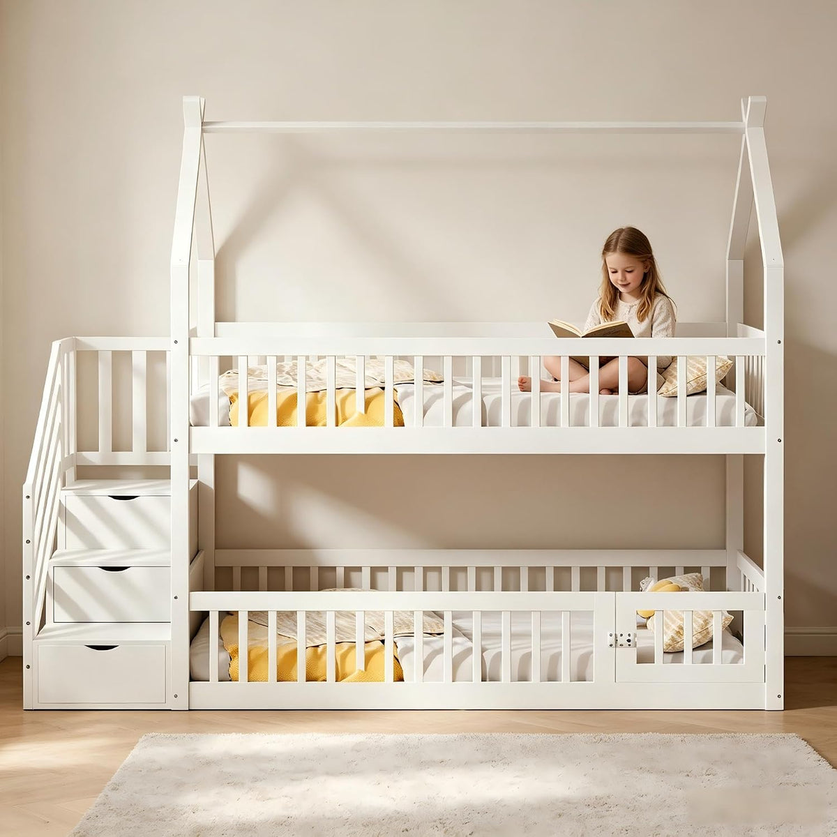 Kinderbett 90x200 Etagenbett mit Treppe und Stauraum, Hochbett mit Schubladen und Sicherheitsgeländer, Hausbett mit Dach für 2 Kinder, Weiß