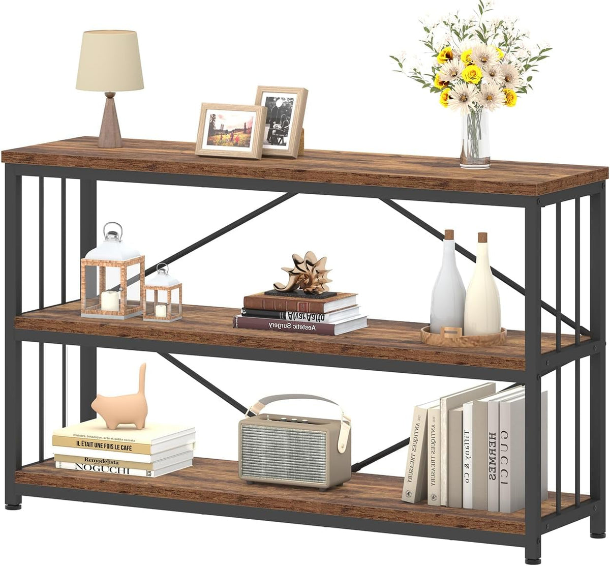 Standregal 3 120 Regal mit Ebenen cm Breit Bücherregal Holz und Metall Vintagebraun Offenes
