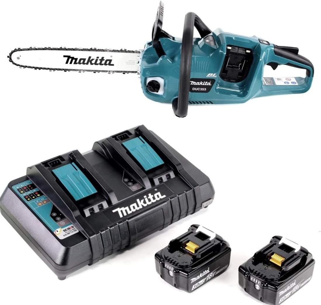 Makita DUC 353 PF2 Akku Kettensäge, 36V (2 × 18V) Brushless 35 cm + 2 × 3, 0 Ah Akku + Doppelladegerät