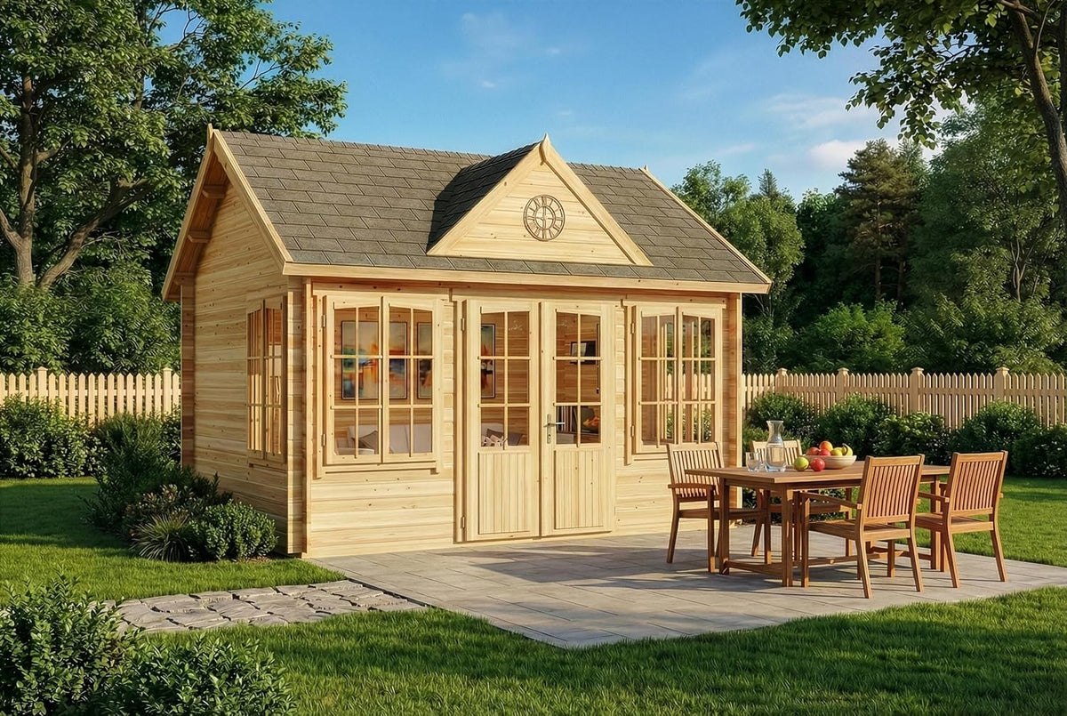 Alpholz Gartenhaus, Clockhouse 440 × 340cm aus Holz Naturbelassen 28mm Wandst