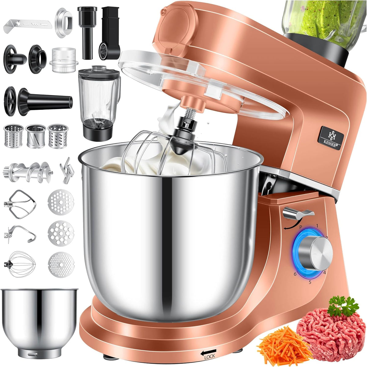 KESSER ® Küchenmaschine, 3in1 mit Fleischwolf & Mixer, 1500W Knetmaschine 5, 5L Rührschüssel + Spritzschutz, 6 Geschwindigkeiten, Knethaken