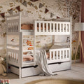 Bett Hoch, 80 × 180 cm mit 2 Schubladen Etagenbett mit Rausfallschutz und Lattenrost, umbaubar in Zwei Kinderbetten, aus Vollholz massiv in weiß
