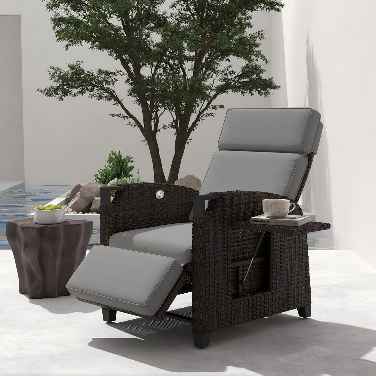 Liege, sessel mit Sitzkissen Gartensessel Wetterfest 150° Verstellbare, Rückenlehne Rattan Sonnenliege mit Beistelltisch für Innen
