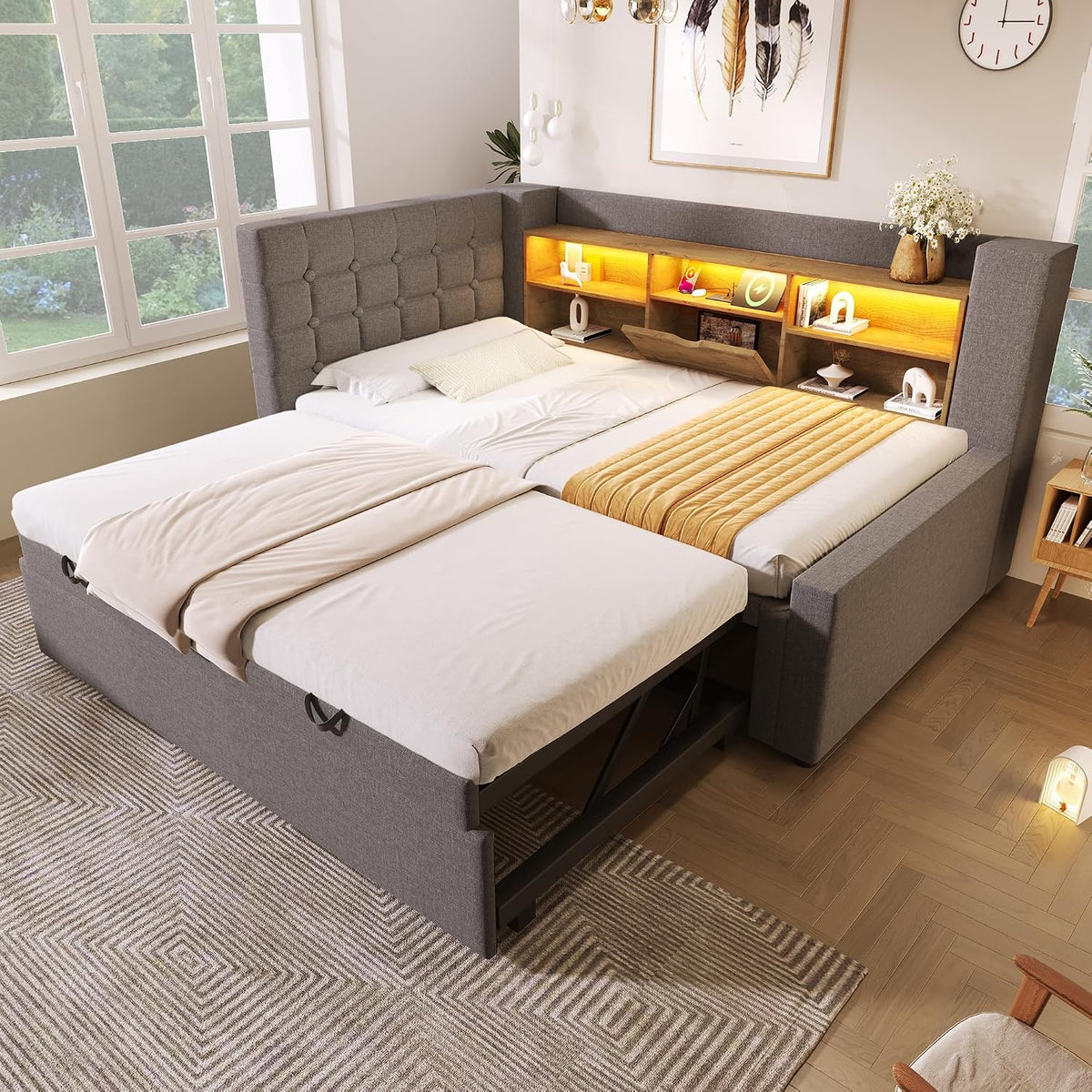 Bett Polster, Bett 90 × 200 cm mit Ausziehbett 90 × 190, und LED-Beleuchtung, Struraumbett, L-förmigem Kopfteil mit Stauraum, beidseitig montierbar