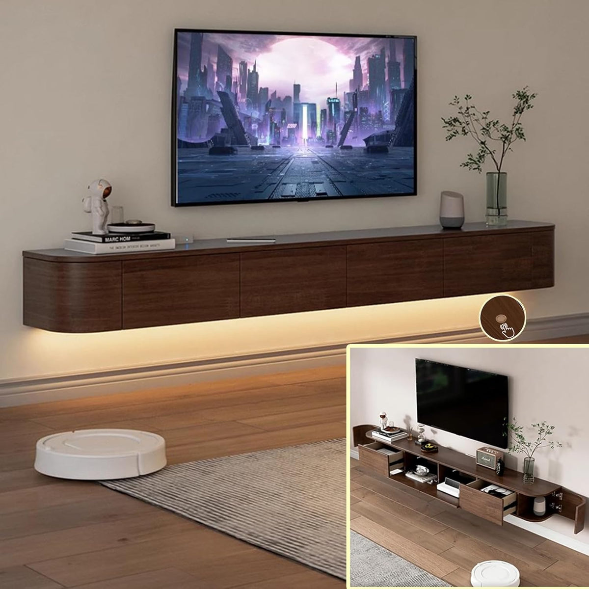 TV-Lowboard TV-Medienkonsole schwimmender TV-Schrank Wandmontage TV-Schrank mehrere große Aufbewahrungsmöglichkeiten TV-Bank unter dem
