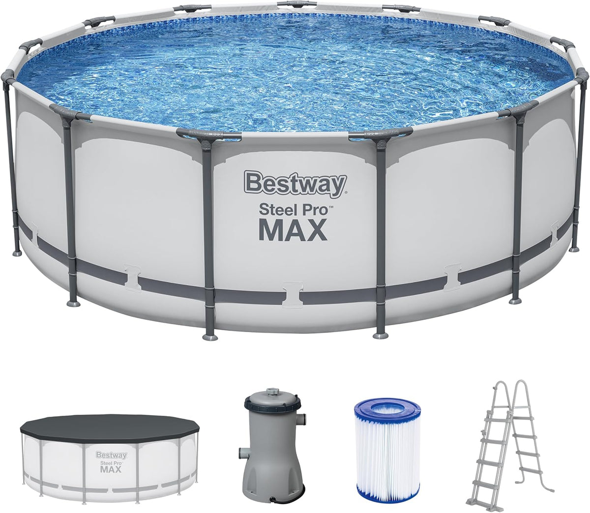 Bestway Stahlrahmenpool, ® Steel Pro MAX™ Aufstellpool Komplett-Set mit Filterpumpe Ø 396 x 122 cm, lichtgrau, rund