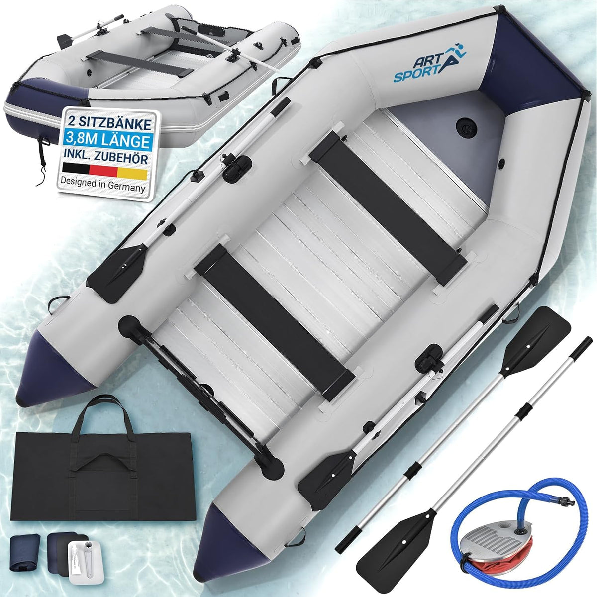 ArtSport Schlauchboot, 80 m für 6 Personen mit 2 Sitzbänke & Aluboden - Paddelboot mit Paddel, Pumpe, Tasche & Reparaturset - Angelboot aufblasbar