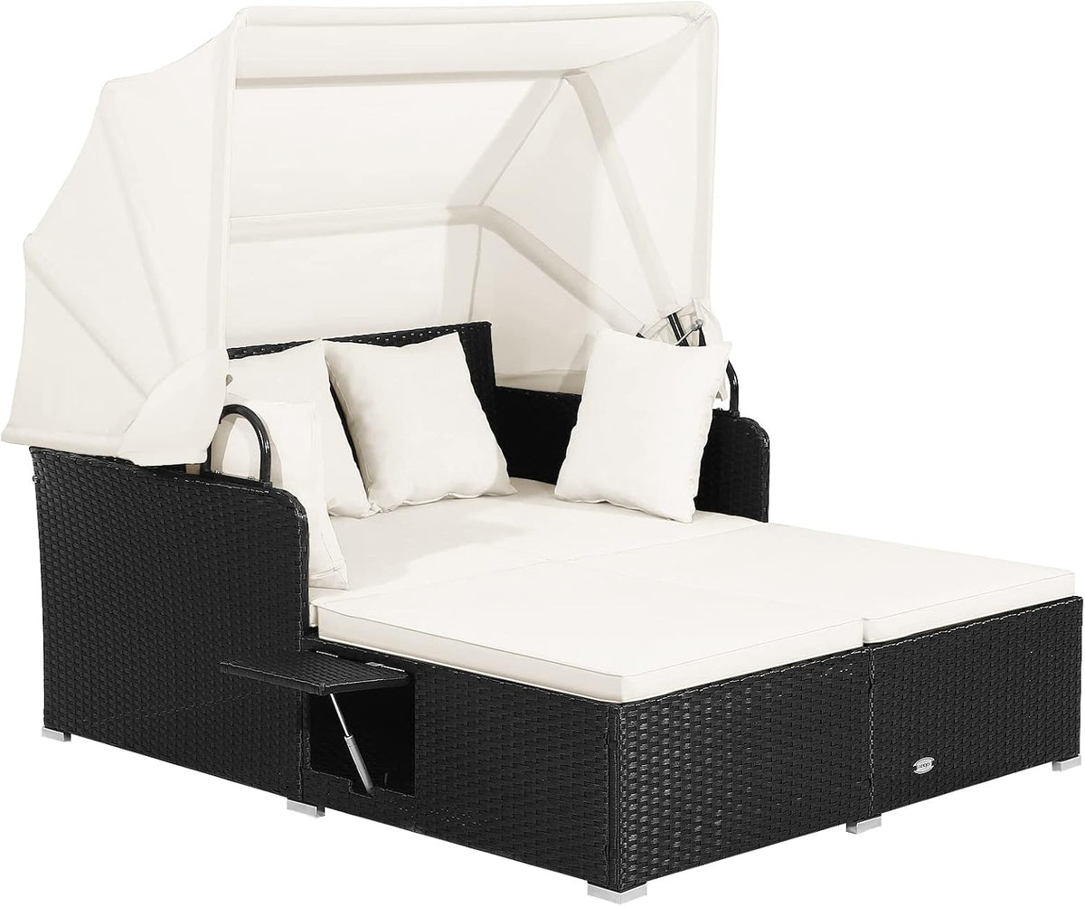 Liege 2 Personen Sonnen, Rattan, Kissen & ausklappbaren Seitentischen, Gartenliege mit Dach, Auflage, Doppelliege, Sonnenbett, Loungebett, Cremeweiß