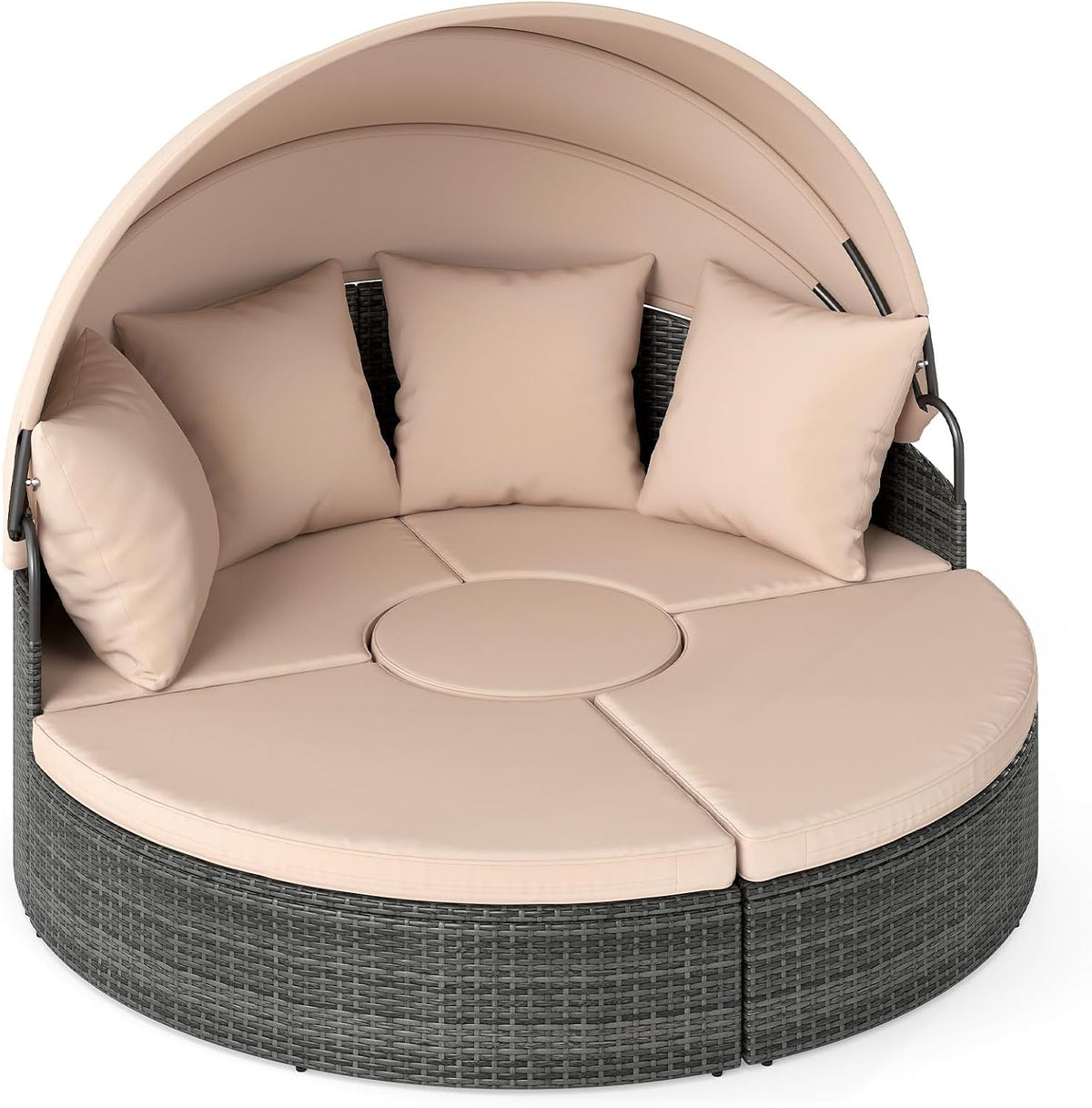 Liege Sonneninsel mit Dach und Tisch Sonnen, Rattan für 2 Personen, Gartenliege mit Sitz- und Rückenkissen, Lounge Möbel Outdoor