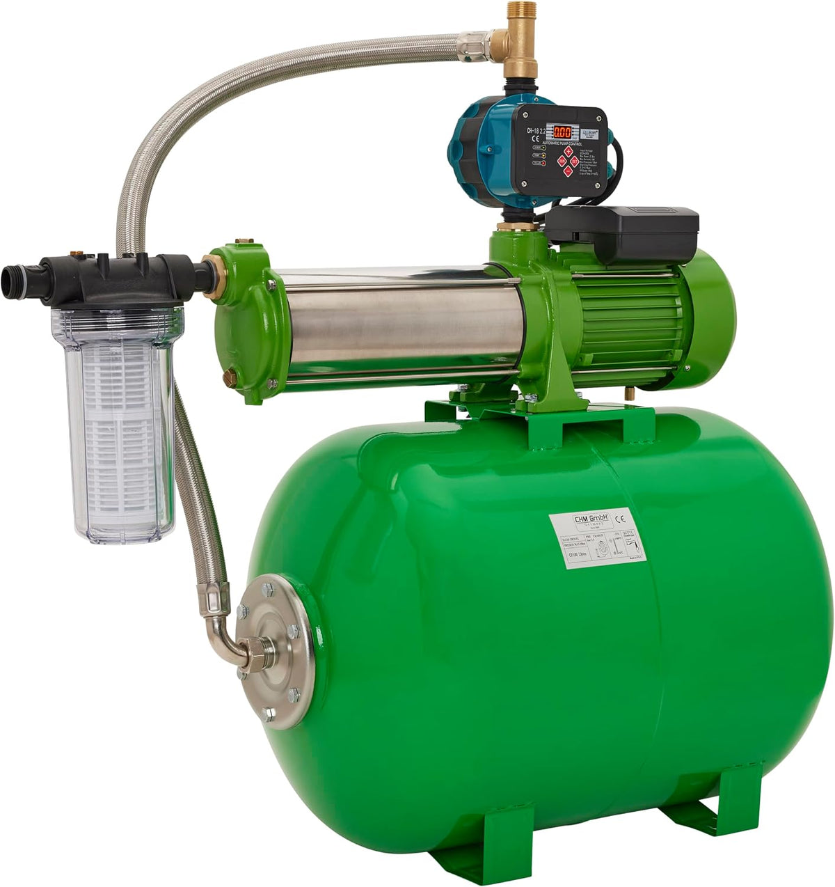 CHM GmbH Hauswasserwerk, 100Liter 2100 Watt, max. Druck 7, 8 Bar einstellbar mit LCD Display Gartenpumpe, Wasserpumpe